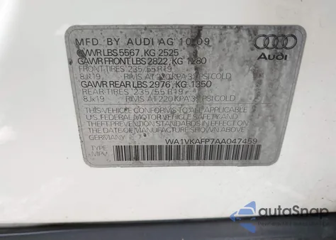 2010 Audi Q5 3.2 Premium из США, поврежденный, VIN WA1VKAFP7AA047459